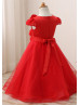 Cap Sleeves Red Lace Tulle 3D Flowers Flower Girl Dress